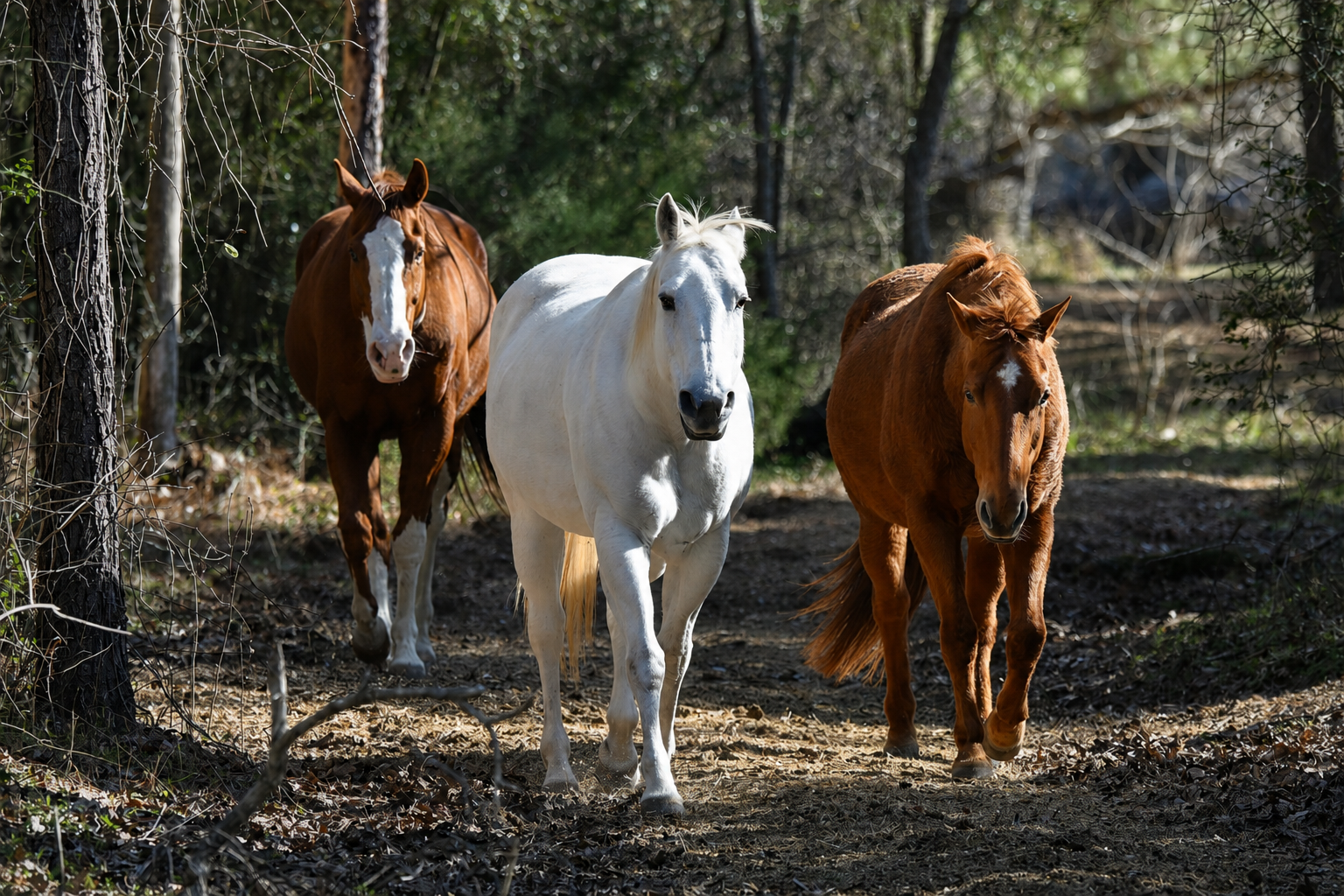 Three horses walking toward the camera on a wooded path