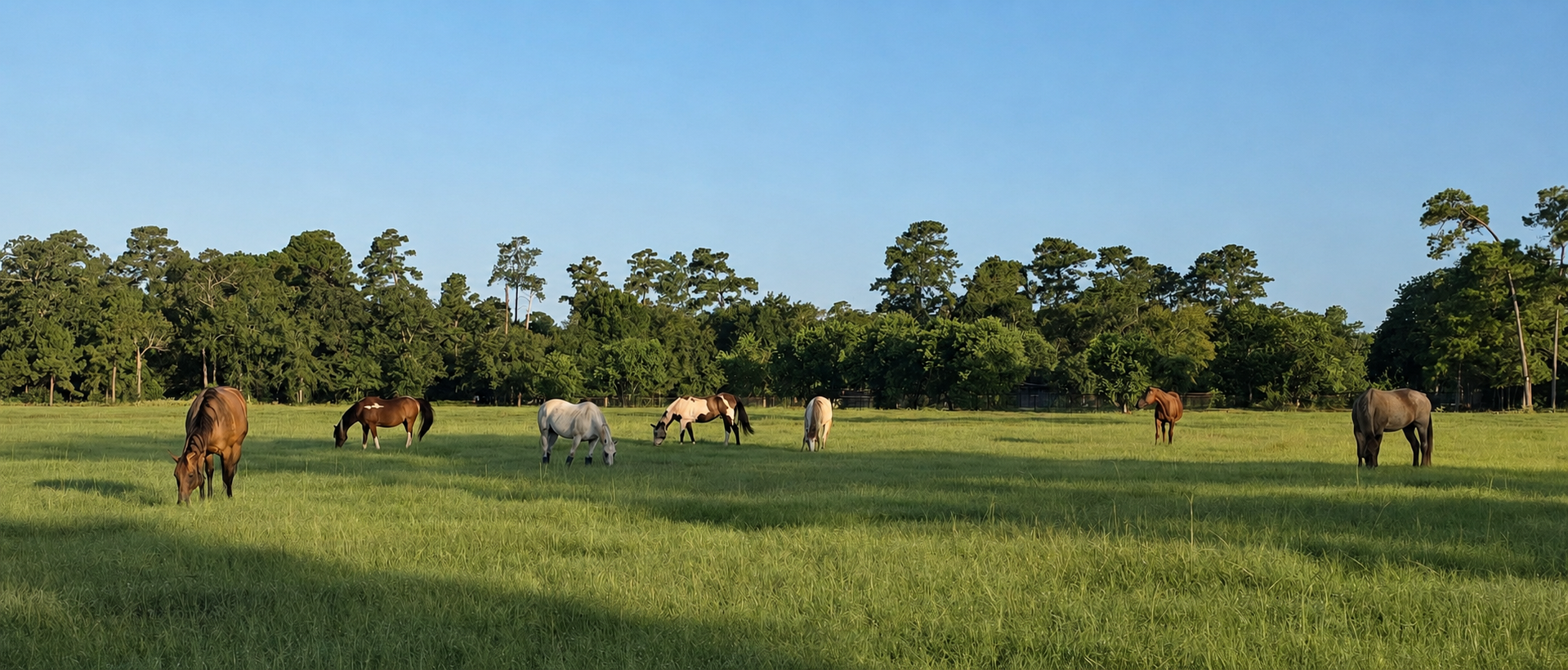 Several horses grazing in a large green pasture